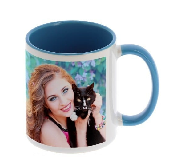 Mug céramique -Blanc/poignée et intérieur bleu clair
