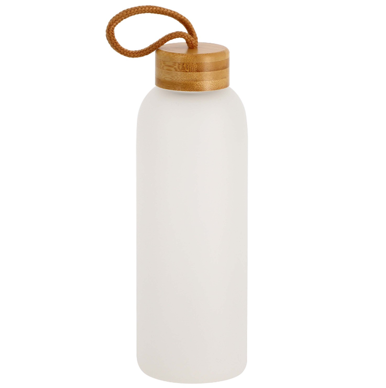 Bouteille 750ml en verre givré blanc mat, bouchon bambou + boucle en corde -