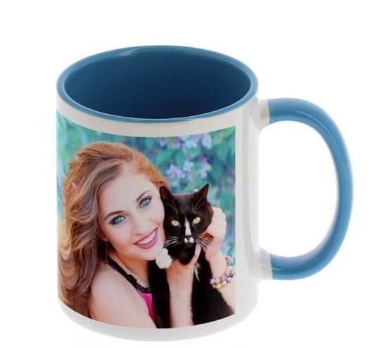 Mug céramique -Blanc/poignée et intérieur bleu clair