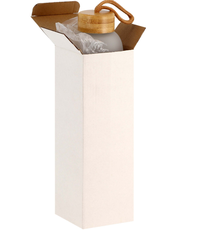 Bouteille 750ml en verre givré blanc mat, bouchon bambou + boucle en corde -