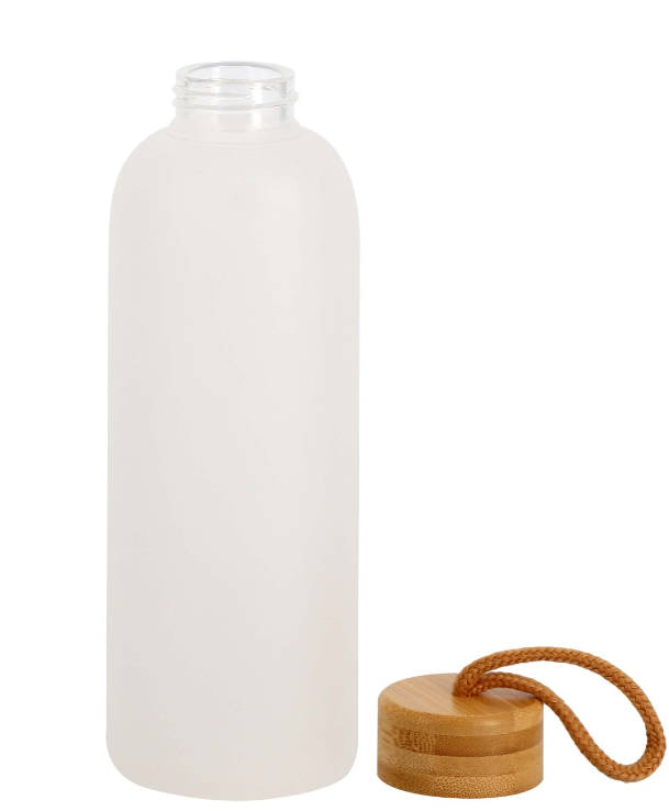 Bouteille 750ml en verre givré blanc mat, bouchon bambou + boucle en corde -